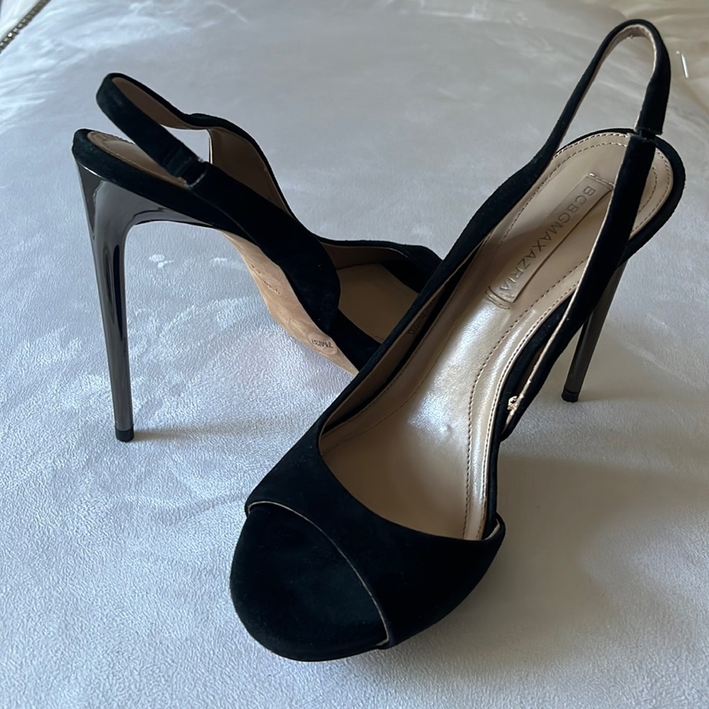 BCBG MaxAzria black open toe stilettos with gun metal silver stiletto SIZE 7